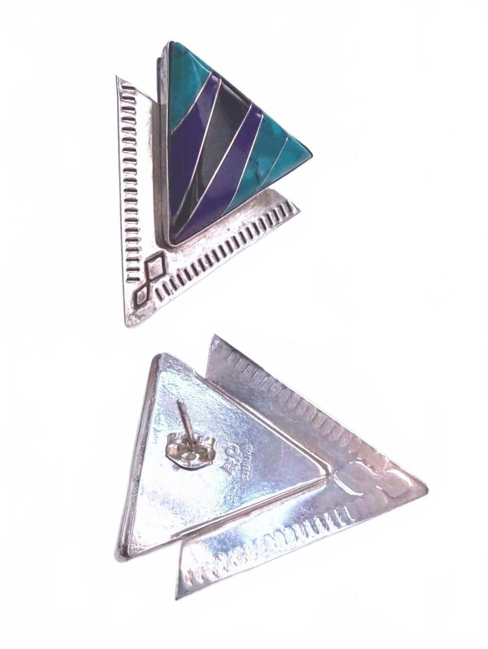 Sterling Inlay Triangle Earrings Lapis Turquoise SW - Picture 3 of 7